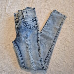 M. Michel light blue size 7 distressed front  jeans, 3 button Hold em Up NWT
